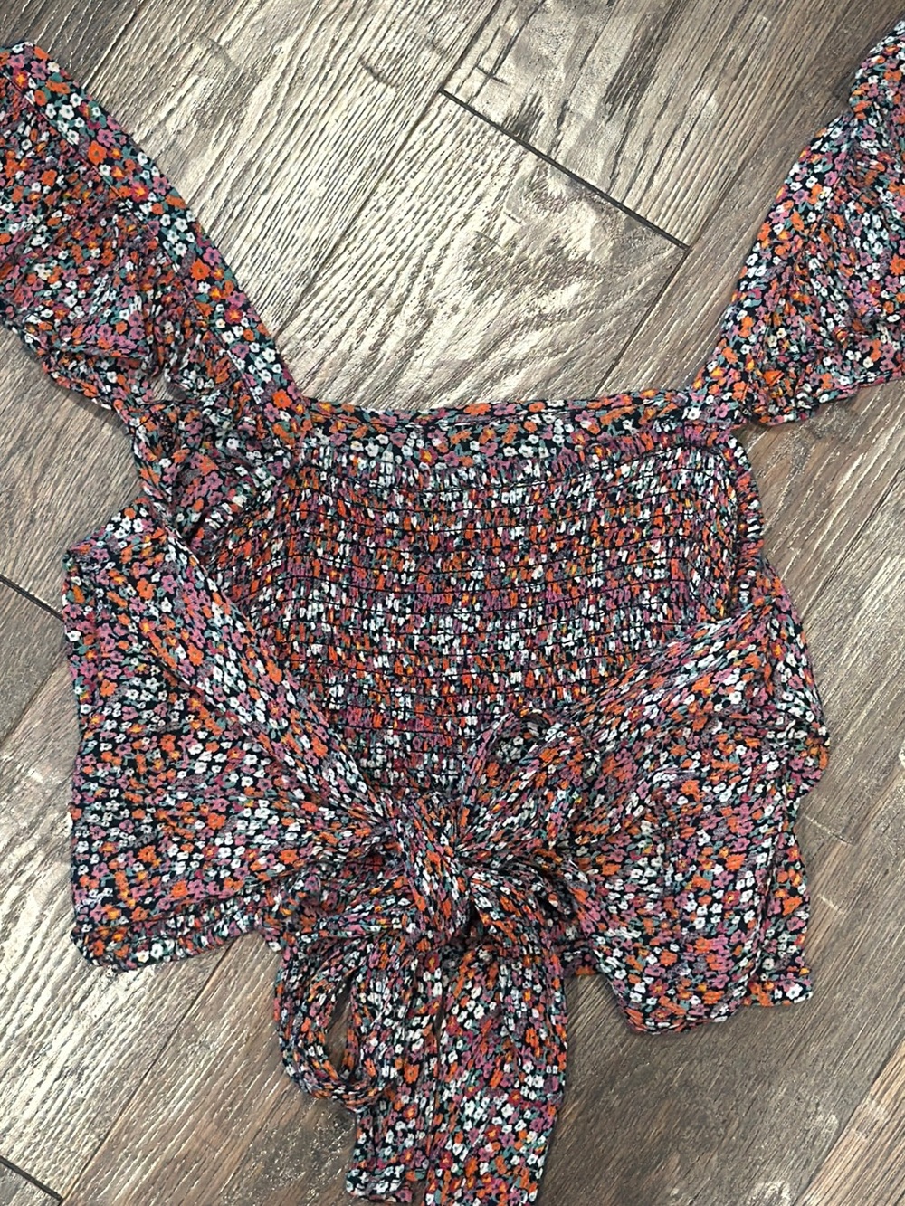 Patrons of Peace Floral Smocked Tie-Back Women's Top - Pink & Orange